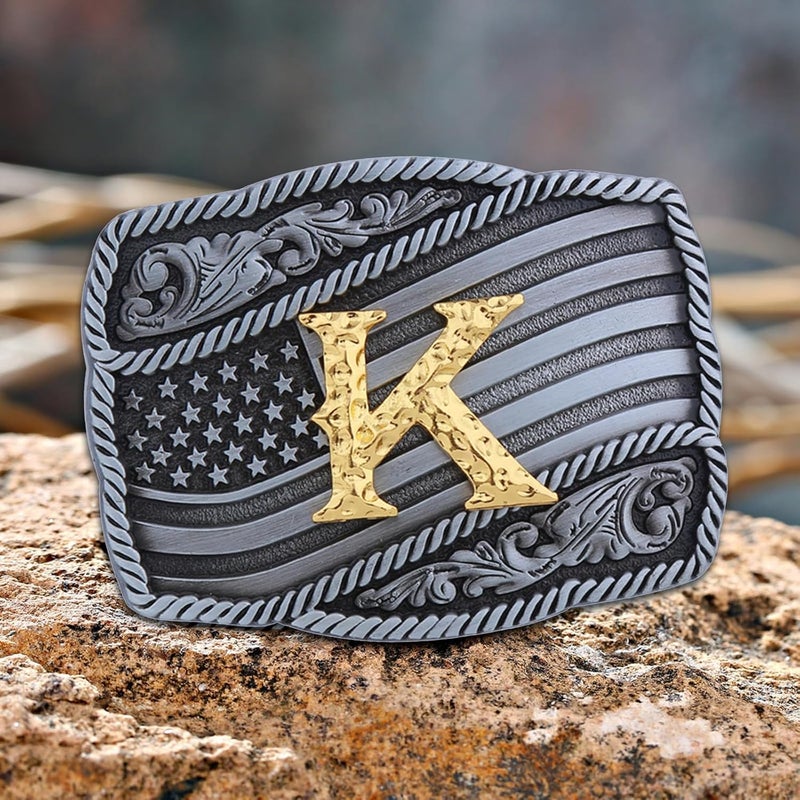 Fibbadet Store Western Cowboy Initial Letters A-Z American Flag Belt Buckle for Men Fathers Day Boyfriend Husband - Image 1